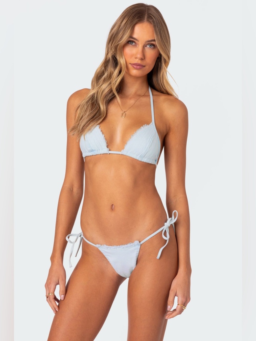 Edikted Didi Distressed Denim Triangle Bikini Top size Medium